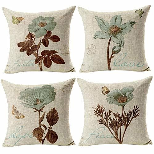 Product Gspirit 4 Pack Retro Flor Algodón Lino Throw Pillow Case Funda de