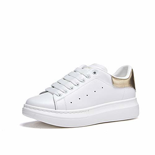 Fashion Mujer Zapatillas de Deporte Plataforma Cuero Moda Zapatos Bajas con Cordones Causal