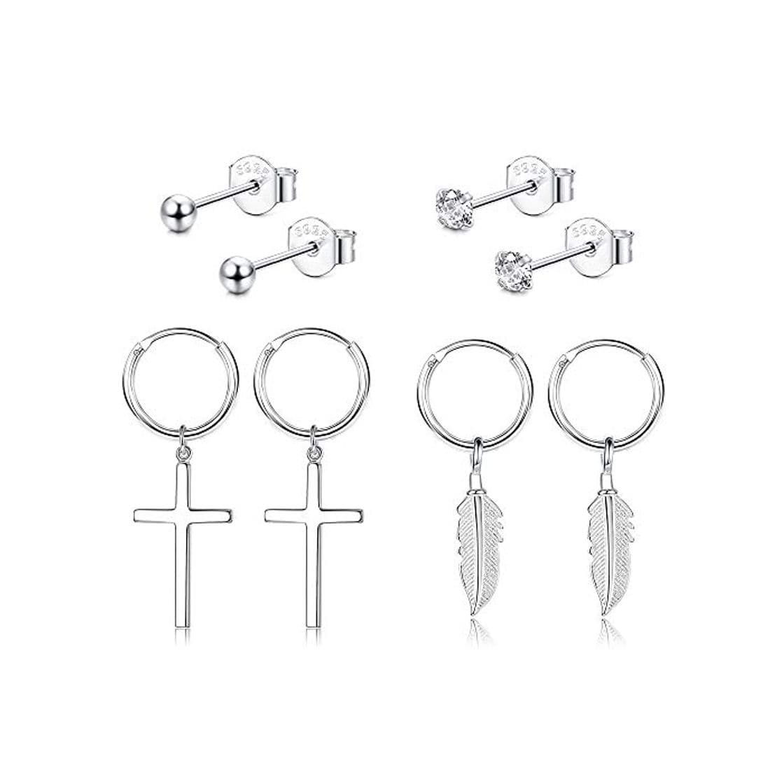 Product BESTEEL 4Pairs 925 Plata Pendientes Conjunto de Hombres Mujeres Niñas Aro Pendientes