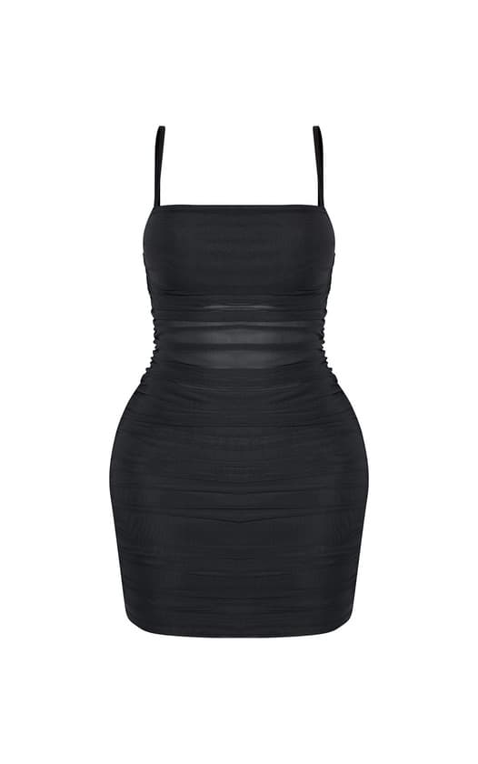 Product Shape black strappy ruched mesh cut out dress