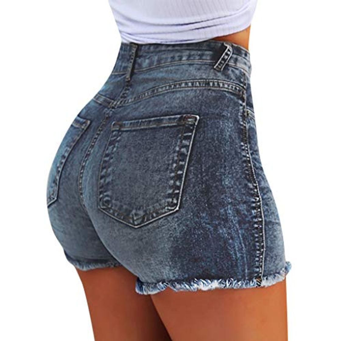 Product KISSMODA pantalones cortos de jean ajustados con cintura alta y dobladillo crudo