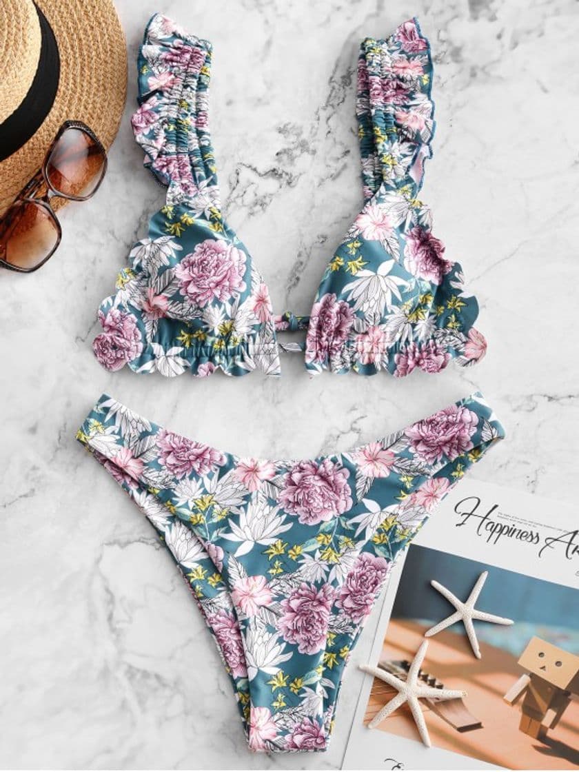 Product ZAFUL Floral Ruffle High Leg Bikini Swimwear 