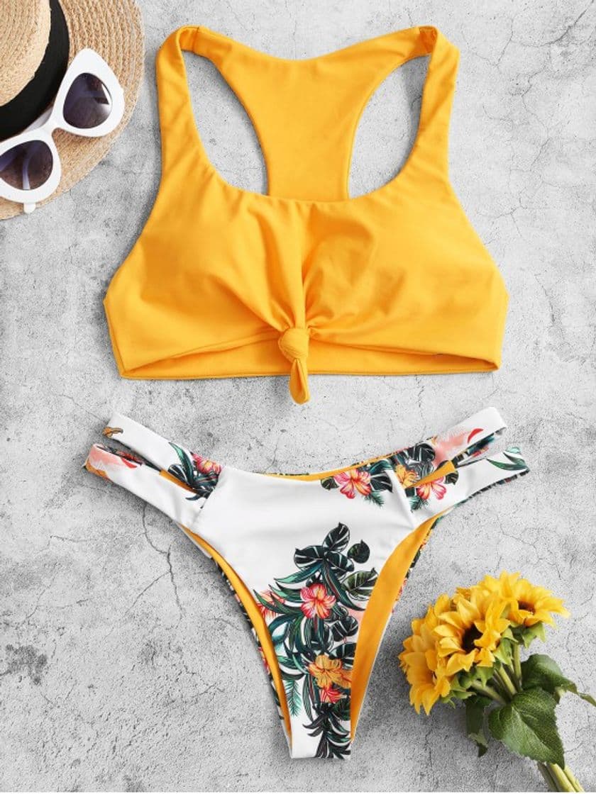 Product [POPULAR] 2020 ZAFUL Plant Print Knot Racerback Bikini Swimsuit