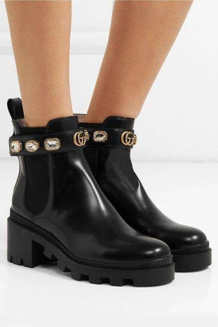 Fashion Black Leather Ankle Boot With Belt & Crystals | GUCCI