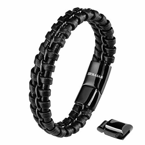 Moda SERASAR 20cm Negro Pulsera de Cuero Hombre Chico Pulseras Hombres Brazalete Brazaletes