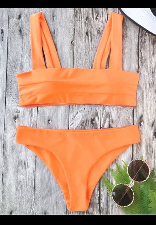 Moda Padded Wide Straps Bandeau Neon Bikini Set - Neon Orange 