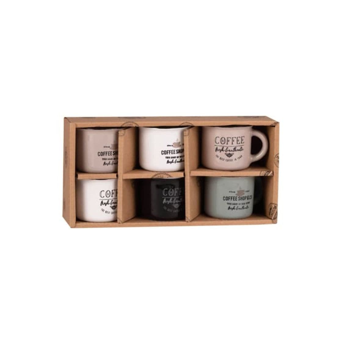 Producto Estuche de 6 tazas de café de loza con motivos decorativos Town