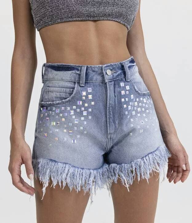 Fashion SHORTS JEANS COM FRANJÃO E BRILHOS HOLOGRÁFICOS