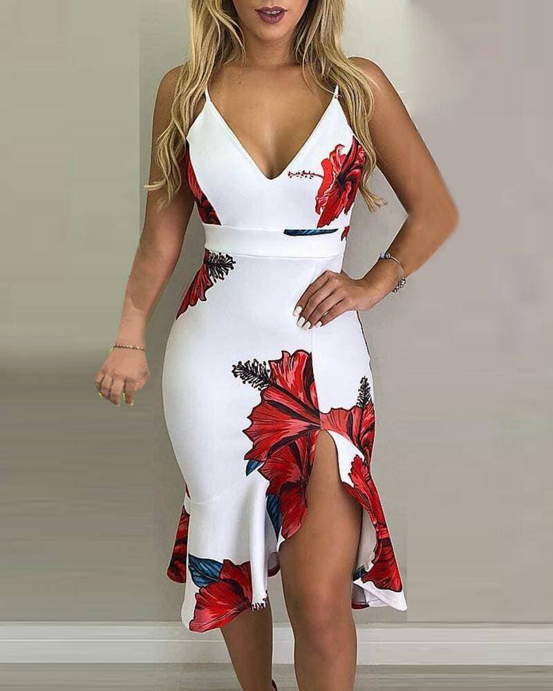 Product Spaghetti Strap Floral Print Slit Ruffles Dress