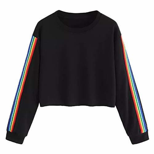 Moda Mujer Casual Sudaderas Rayas Arcoiris Cortas Adolescentes Chicas Manga Larga Tumblr Patchwork