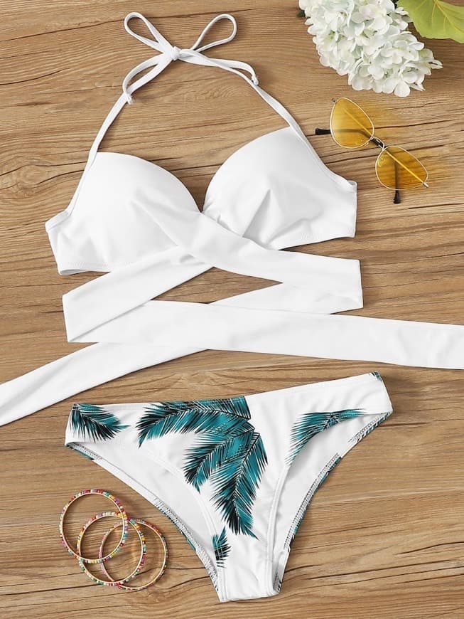 Fashion Set de bikini top cruzado con estampado de hoja | SHEIN ES