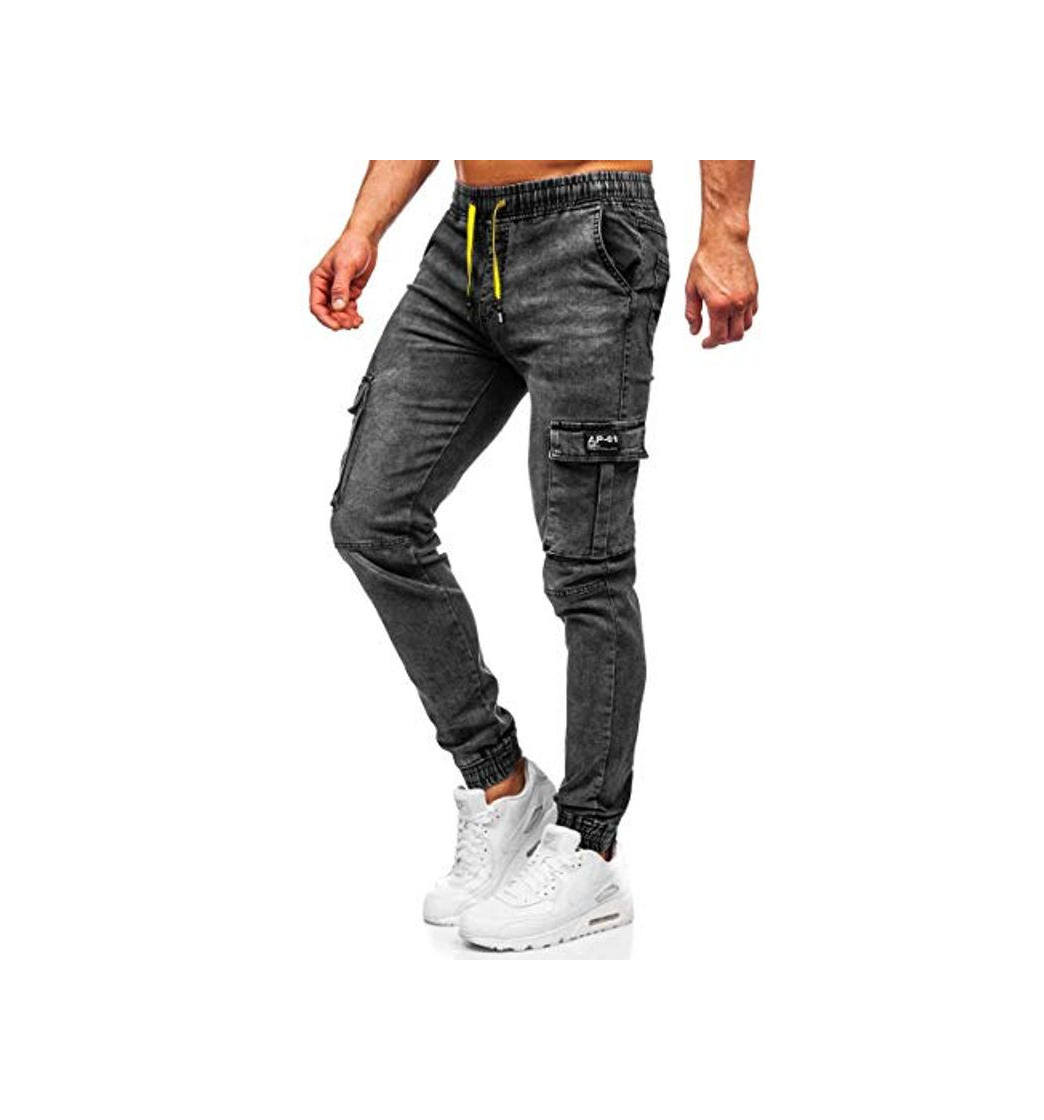 Fashion BOLF Hombre Pantalón Vaquero Jogger Denim Pantalones Cargo de Algodón Slim Fit Bajos Ajustados Estilo Urbano Red Fireball HY687 Negro M [6F6]