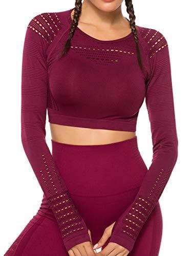 Fashion Tops Yoga Camiseta Deportiva Sin Costura Mangas Larga Fitness Mujer Gimnasio2240 Rojo