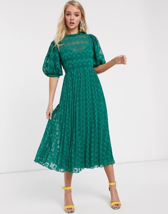 Producto Vestido verde plisado con cuello alto plumeti