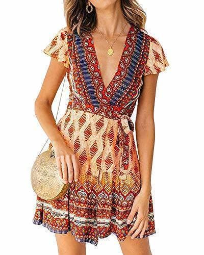 Moda Abravo Mujer Vestido?Bohemio Corto Florales Nacional Verano Vestido Casual Magas Cortas Chic