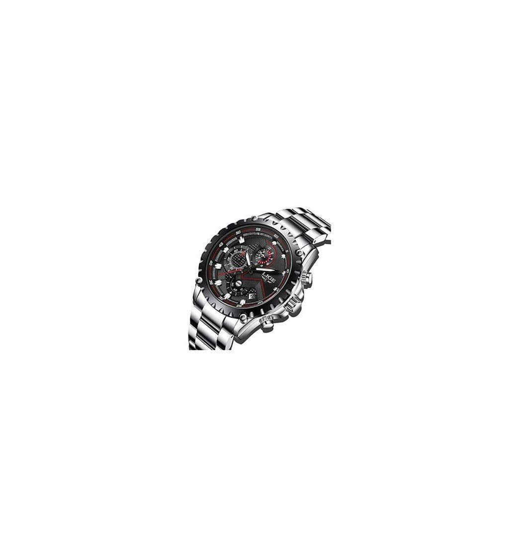 Moda LIGE Relojes para Hombre Negro Acero Inoxidable Moda Reloj Deportes Impermeable Gran