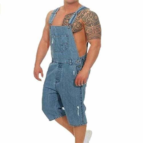 Fashion Kunfang Men's Retro Short Denim Dungarees Bib Overalls Stonewash Jumpsuit Fashion Ripped