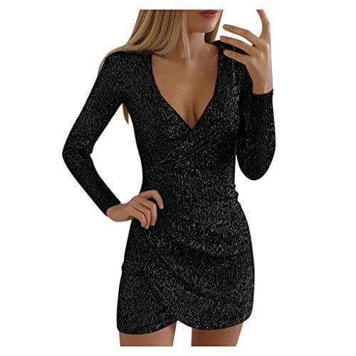 Moda Mujer Vestidos de Fiesta Elegante con Purpurina Brillo V-Cuello Casual Vestido de