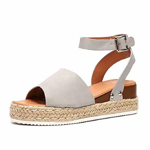 Moda Sandalias Mujer Plataformas Verano Cuña Piel 5 CM Tacon Punta Abierta Plana