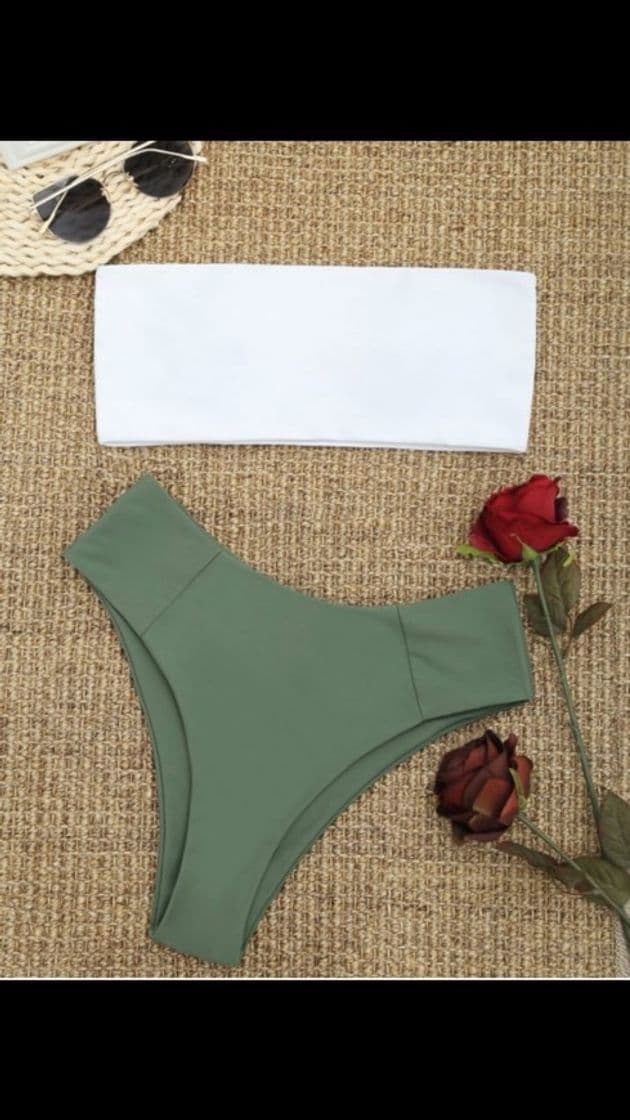 Fashion Conjunto de biquíni bandeau de corte alto com dois tons 