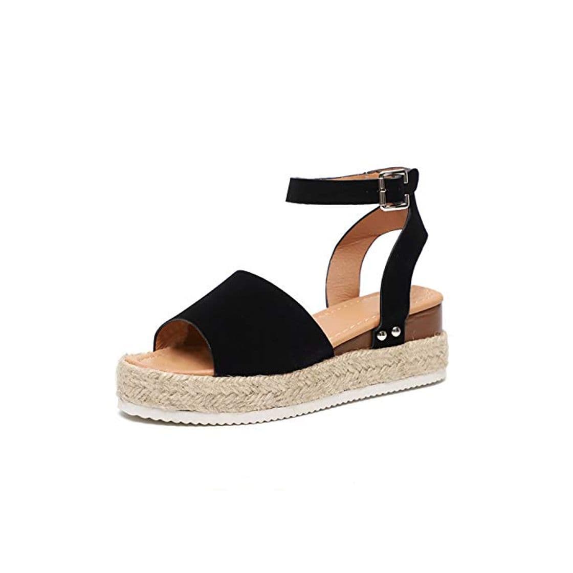 Producto Sandalias Mujer Plataformas Verano Cuña Piel 5 CM Tacon Punta Abierta Plana Tobillo Zapato De Playa Moda Fiesta Negro 39