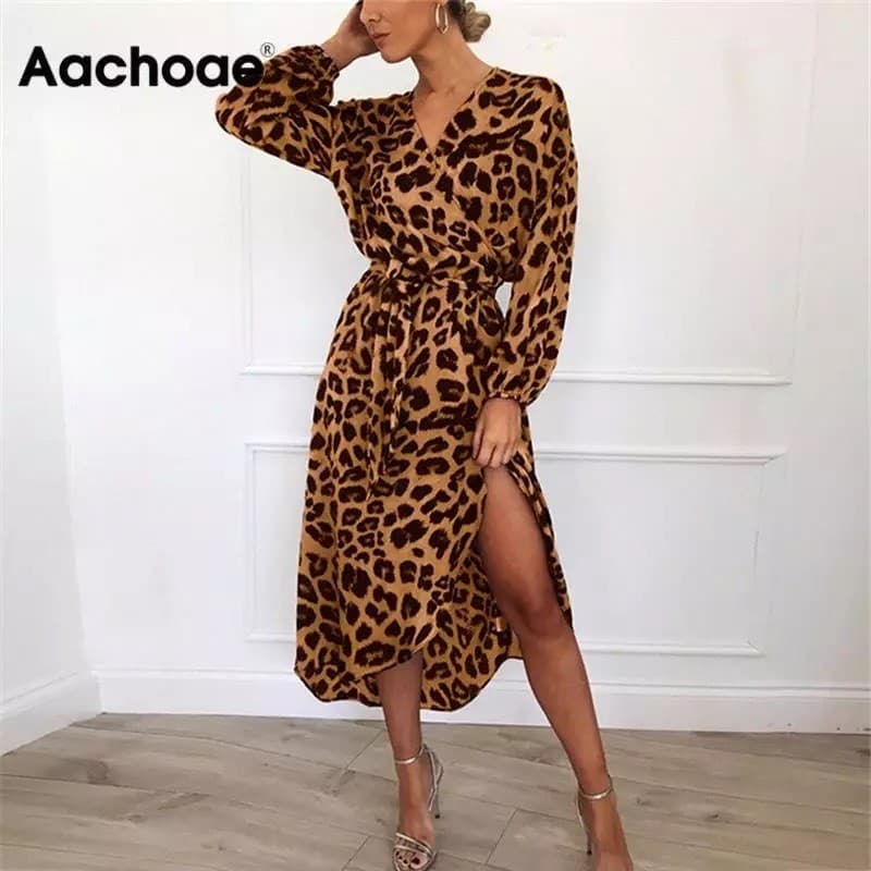 Moda Vestido padrão leopardo 