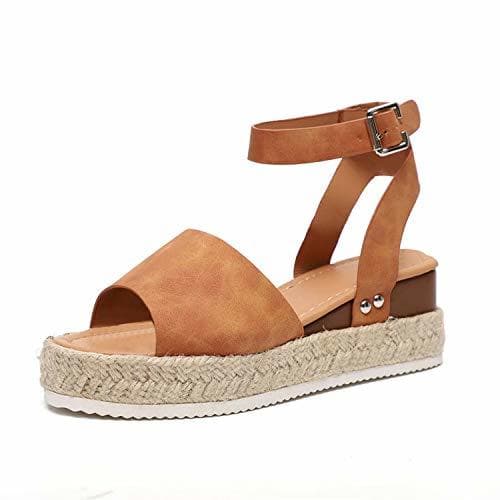 Moda Sandalias Mujer Plataformas Verano Cuña Piel 5 CM Tacon Punta Abierta Plana