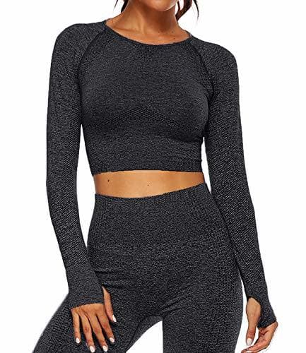 Moda Tops Yoga Camiseta Deportiva Sin Costura Mangas Larga Fitness Mujer Gimnasio Negro