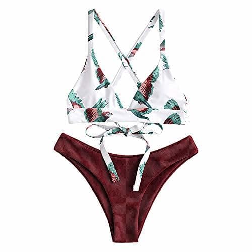 Fashion ZAFUL Bikini Set Triangular con Relleno Tirantes Anudados Cruzados en la Espalda