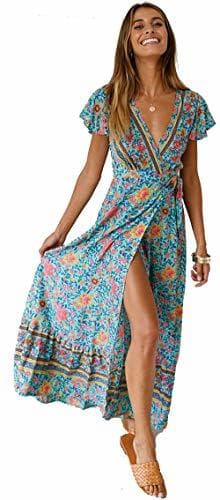 Moda Mujeres Sexy Cuello En V Vestidos Bohemio Wrap Floral Impreso Vintage Estilo