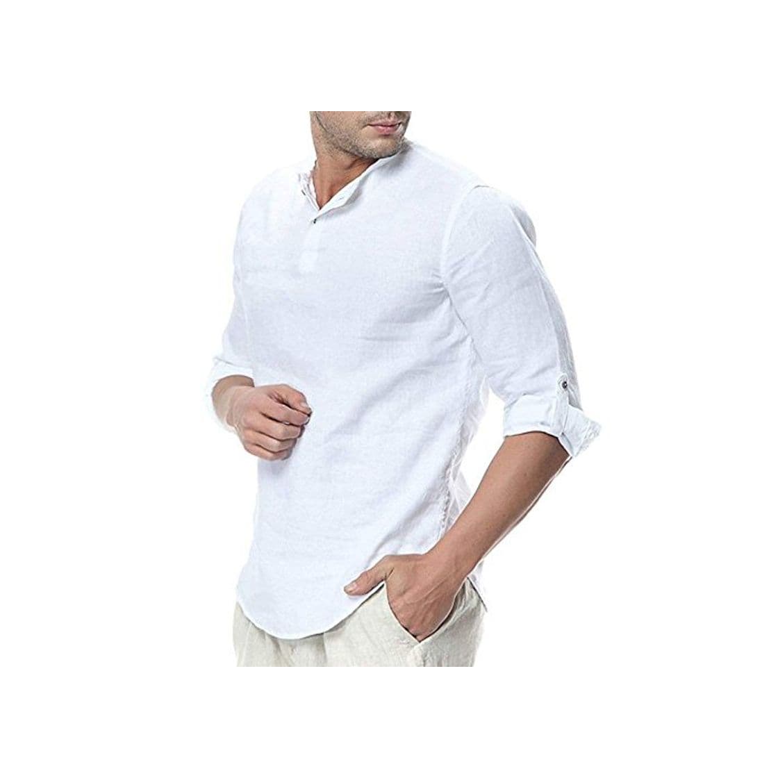 Producto ShallGood Camisa Hombre Cuello Mao Lino Blusa Manga 3/4 Camisas Top Sin