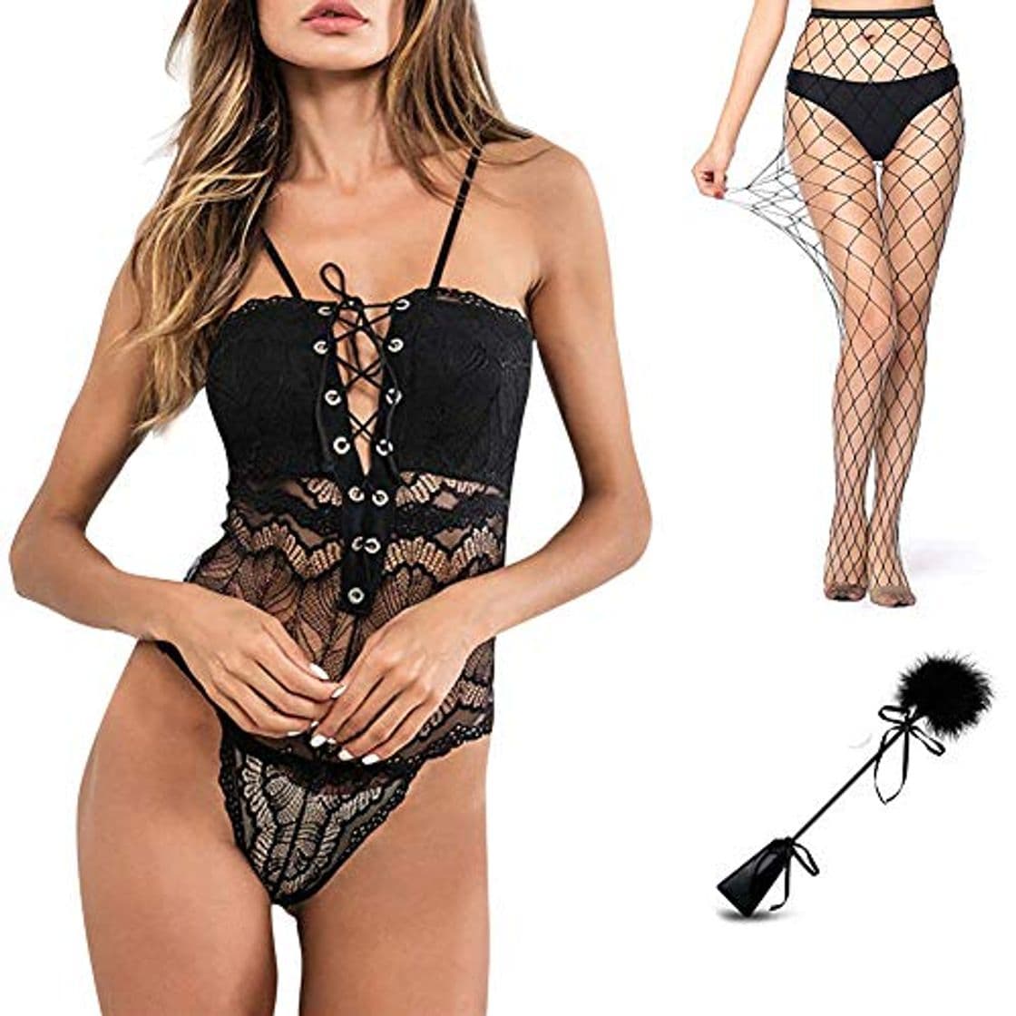 Fashion SEDEX - Conjunto de lencería sexy para mujer, 3 piezas, de malla