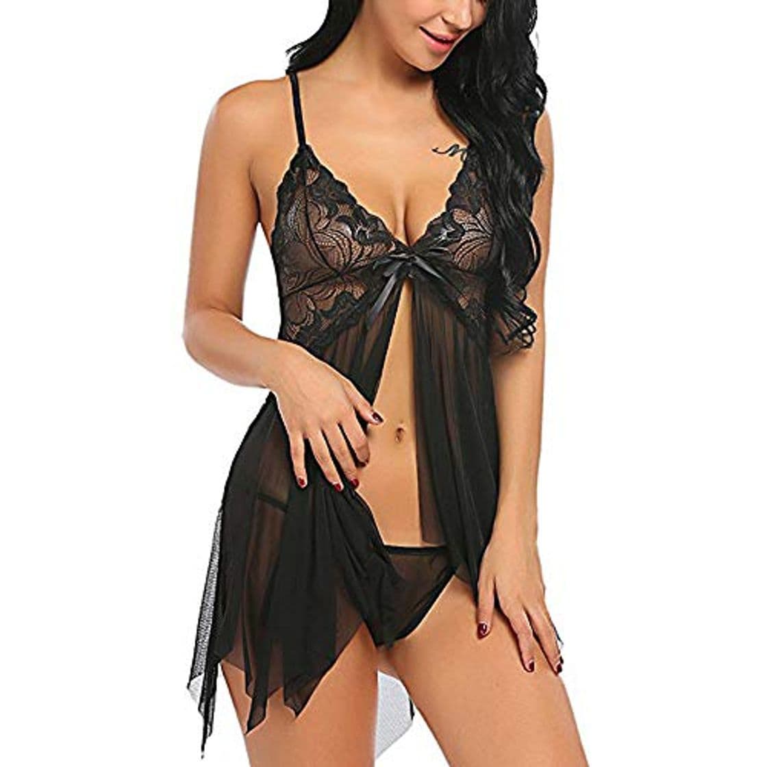 Moda SEDEX Lenceria Erótica Mujer Ropa Interior Babydoll Halter Cordón Transparente Lencería de Camisón Conjunto de Lencería Abierto Posterior Encaje Tul Babydoll Vestilo Tentación