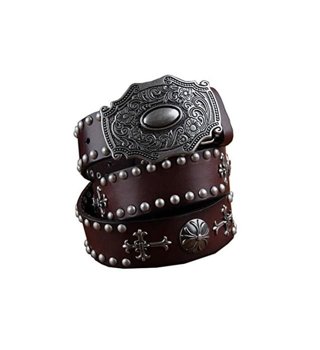 Product H&W Hombre Marrón Retro Cuero Verdadero Tachuelas Cinturón 38mm Cowboy Cinturón con