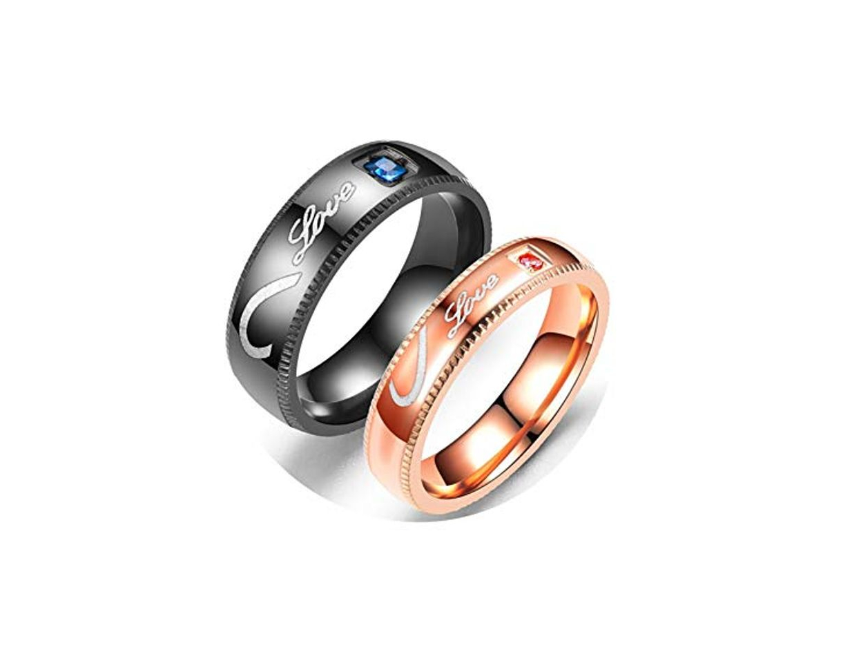 Moda Epinki Anillos Pareja Acero Inoxidable Compromiso 2 PCS Anillo Corazón Rompecabezas Grabado Love Negro Oro Rosa Anillo Compromiso Talla Mujer 25 & Hombre 20