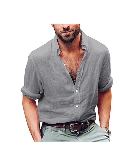 Product Camisa Hombre Lino Blusa Casual De Manga Larga Blusa Suelta Casual Cuello