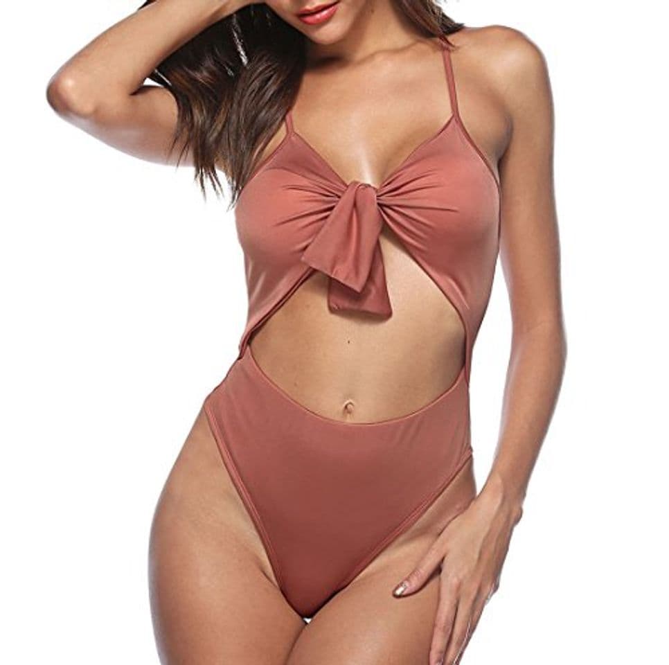 Moda OUFour Verano Mujer Trajes de Una Pieza Tirantes Backless Traje de Baño Colores Lisos Push Up Bikinis Swimwear Bañador