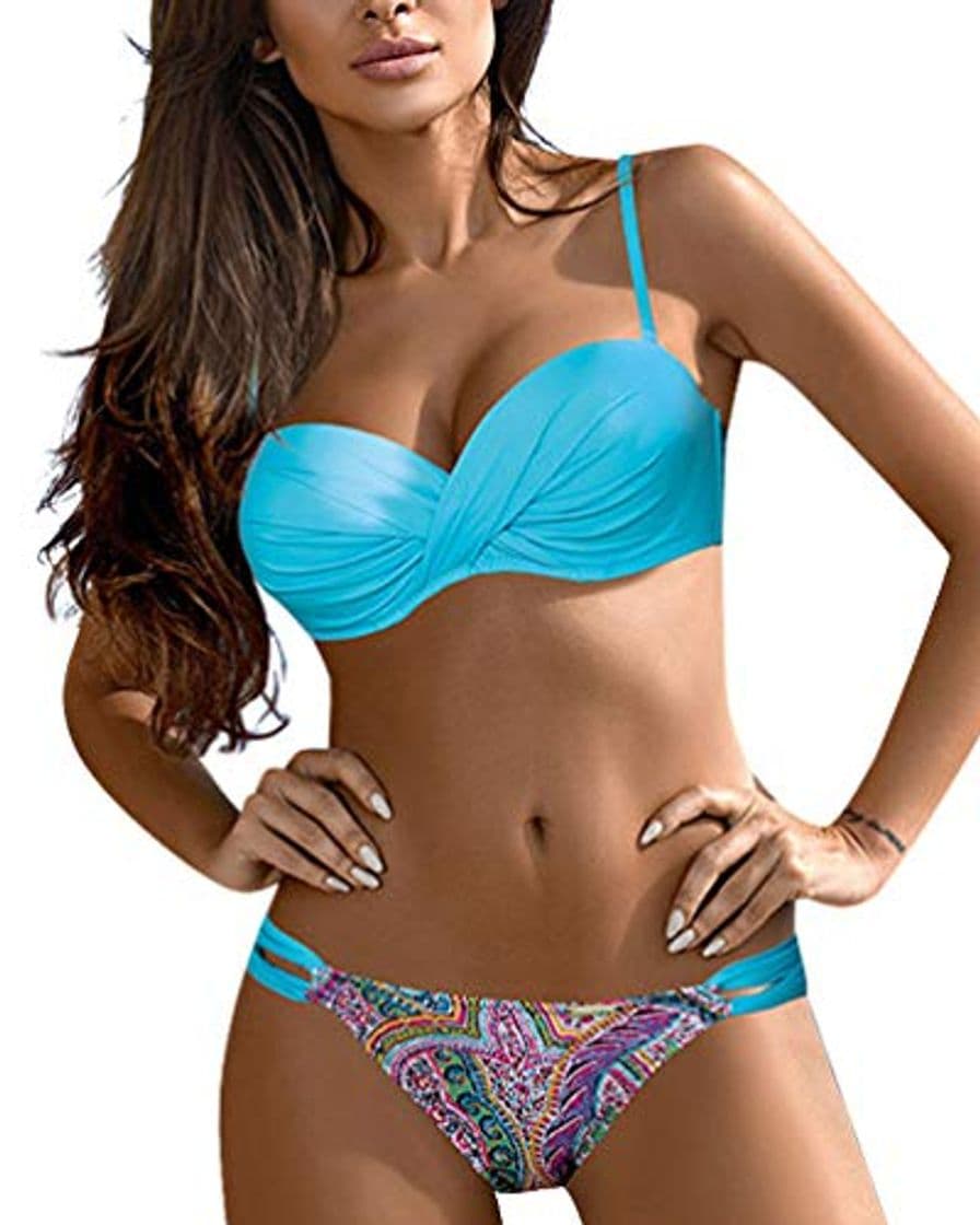 Fashion Tuopuda Mujer Retro Conjunto de Bikini Push up Twist Correa de Espagueti de Dos Piezas Bañador Estampado de Cintura Baja Acolchado Traje de Baño