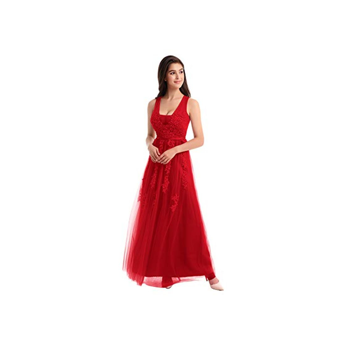 Fashion OBEEII Vestido Largo de Fiesta Noche para Mujer Vestido Fiesta Elegante de Boda Cóctel Ceremonia Dama de Honor con Tul Cuello en V Sin Mangas Rojo EU38