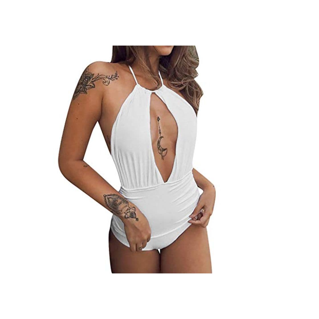 Fashion Overdose Mujer Bañador con Cuello En V Sexy Bikini Traje De Baño Cruzado Halter Fruncido De Playa Talle Alto Blanco Negro