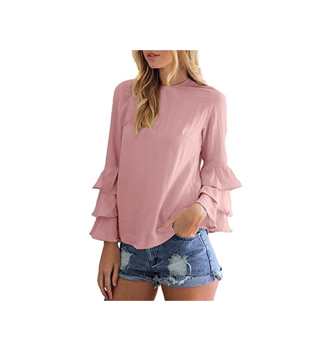 Product StyleDome Blusa Mangas Largas Camisa Camiseta Mujer Volante Elegante Oficina Casual Moda Rosa EU 36