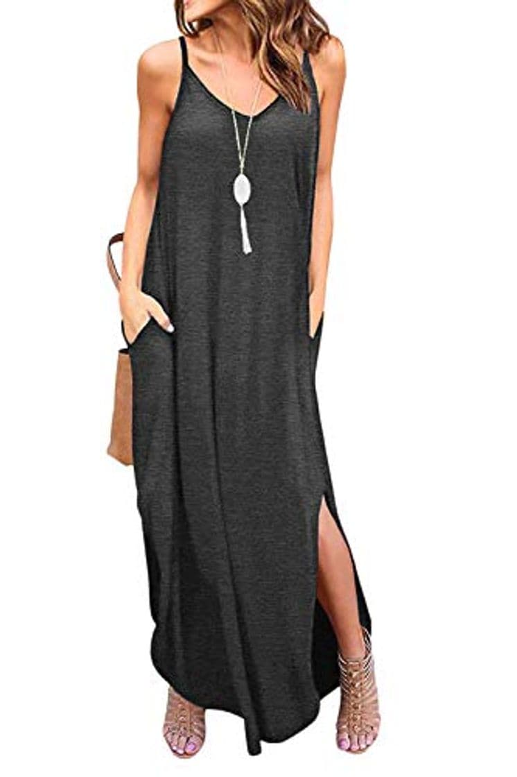 Product Vestidos Mujer Casual Playa Largos Boho Floral Maxi Vestido Bohemio Tirantes Playa Verano Grey L