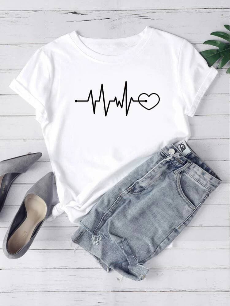 Fashion ⚪Heart And Graphic Short Sleeve Tee ⚪

