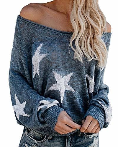 Producto Tomwell Mujer Jerséis Moda Impresión de la Estrella Suéter Largo Casual Jersey