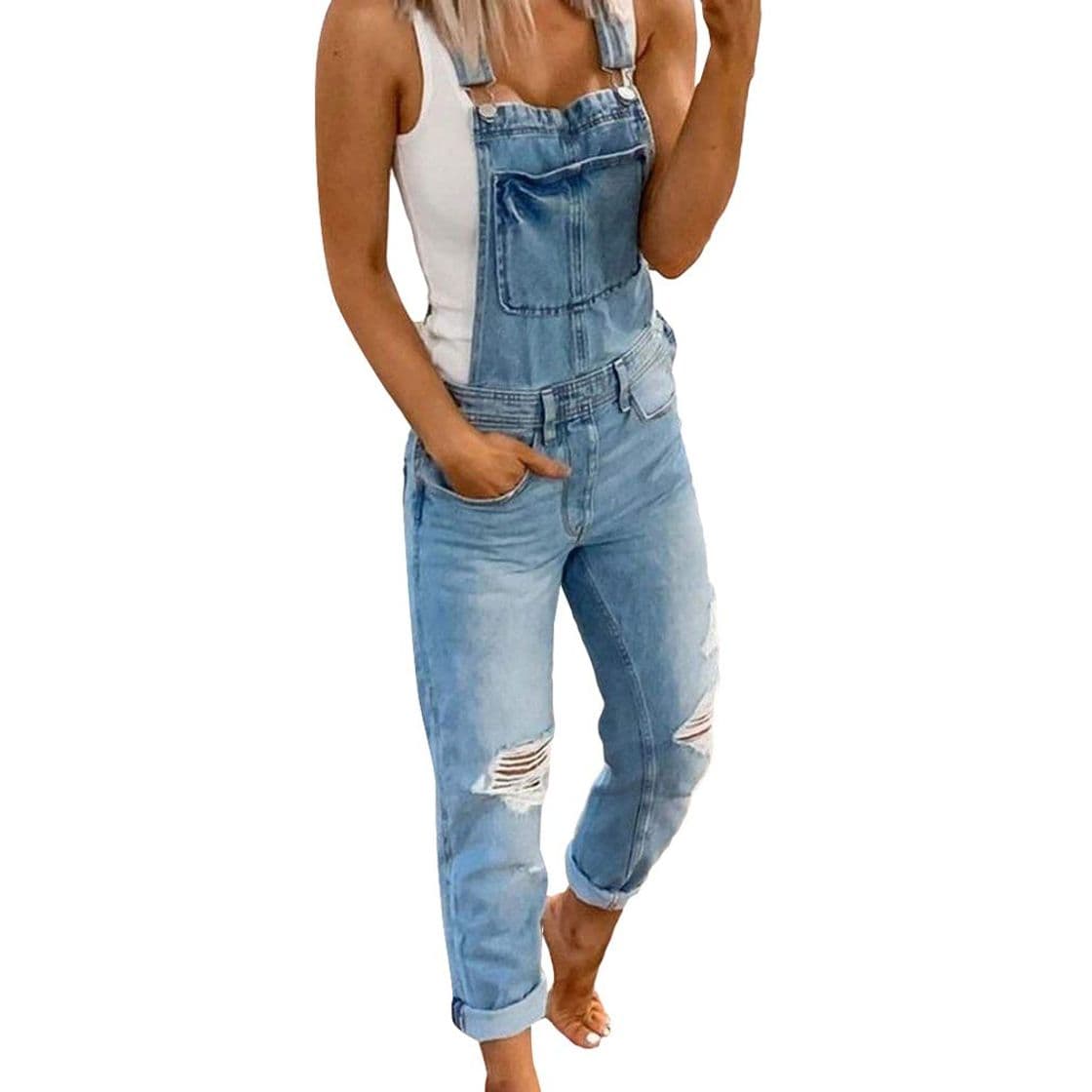 Product Overol de Mujer Jean Monos de Mezclilla sin Mangas Delgados con Agujeros Rasgados Casuales Azul M