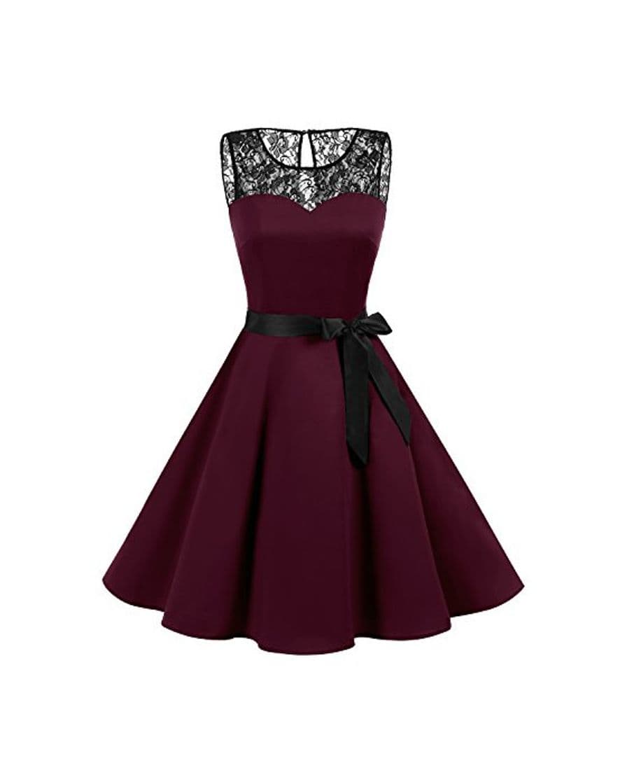 Moda Bbonlinedress Vestido Mujer Corto Fiesta Boda Encaje Sin Mangas Burgundy 3XL