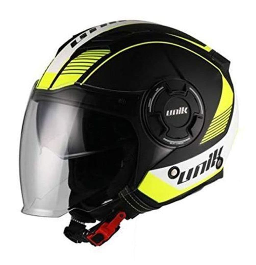 Producto -Unik- Casco Abierto JET CJ-11 WOLF Con Gafa Solar, NEGRO/AMARILLO FLUOR MATE