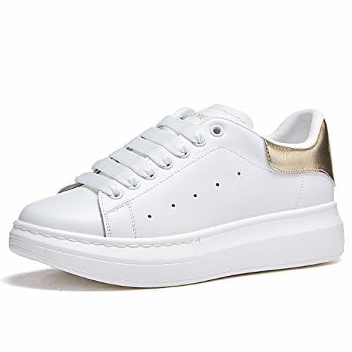 Moda Mujer Zapatillas de Deporte Plataforma Cuero Moda Zapatos Bajas con Cordones Causal