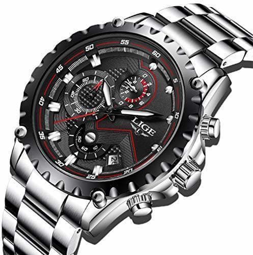 Moda LIGE Relojes para Hombre Negro Acero Inoxidable Moda Reloj Deportes Impermeable Gran