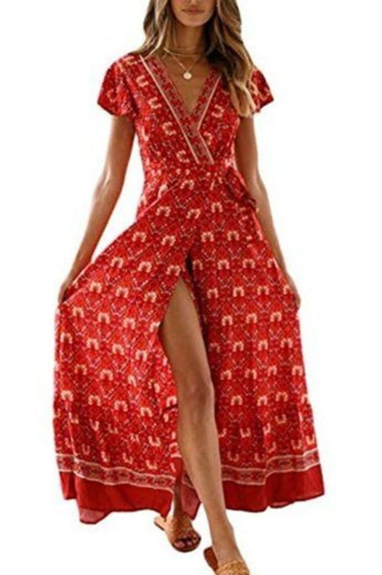 Product Vestido Mujer Bohemio Largo Verano Playa Fiesta Floral Manga Corta Cuello en V Talla Split Wrap Maxi Vestidos 5 XL